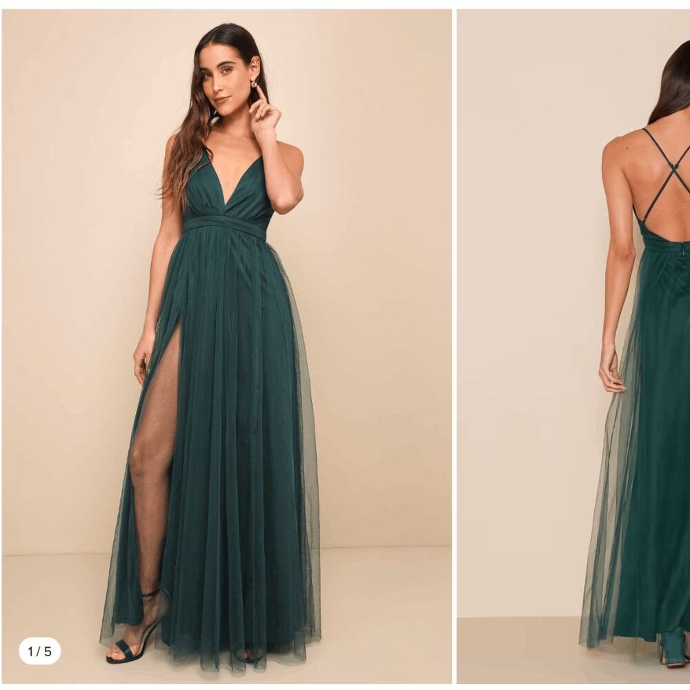 NWT Lulu’s Rare Beauty Hunter Green Tulle Open Back Maxi Dress M